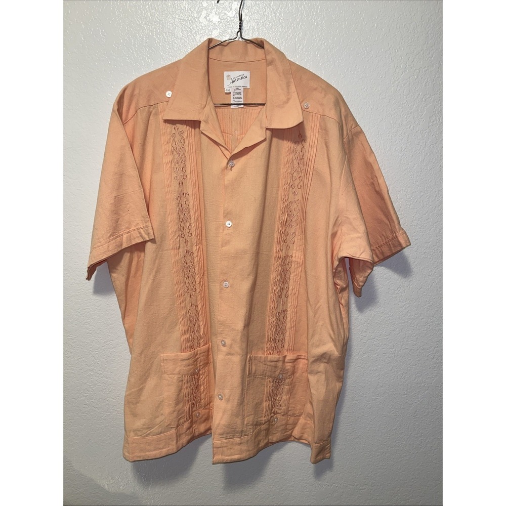 Guayabera Autentica Shirt Men's 44 Embroidered Peach Cotton Short Sleeve